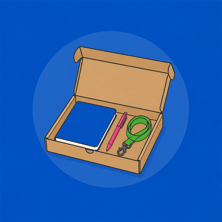 Flat Unternehmensbox mit Notizbuch, Stift und Lanyard